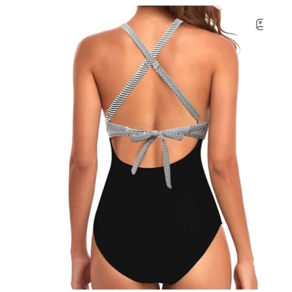 Eomenie Womens Med One Piece Swimsuit Wrap Tie Back Black & White Stripes - Picture 2 of 9